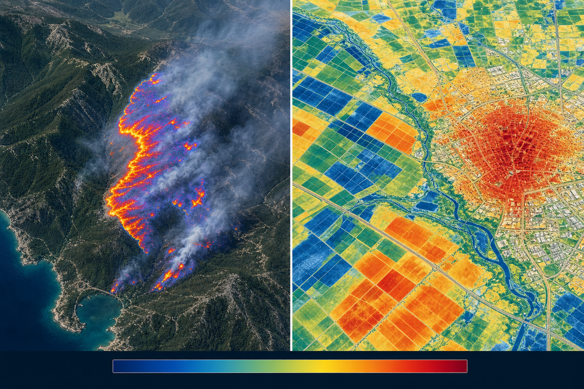 Beispielhafte thermische Abläufe zur Waldbrandüberwachung sowie zur Analyse von Pflanzenstress und städtischer Hitze