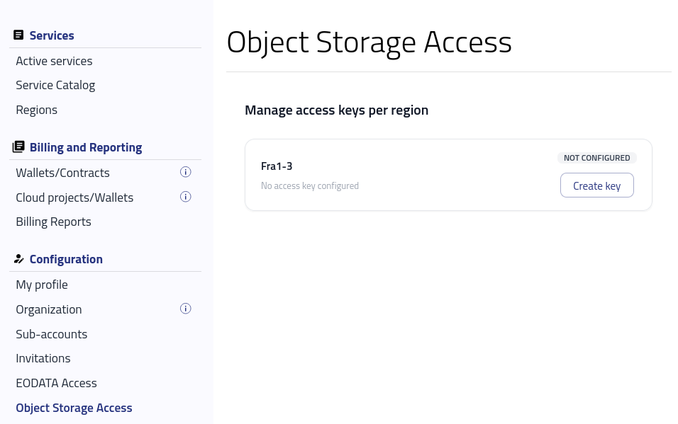 FRA1-3 mit dem Status NOT CONFIGURED und der Schaltfläche Create key