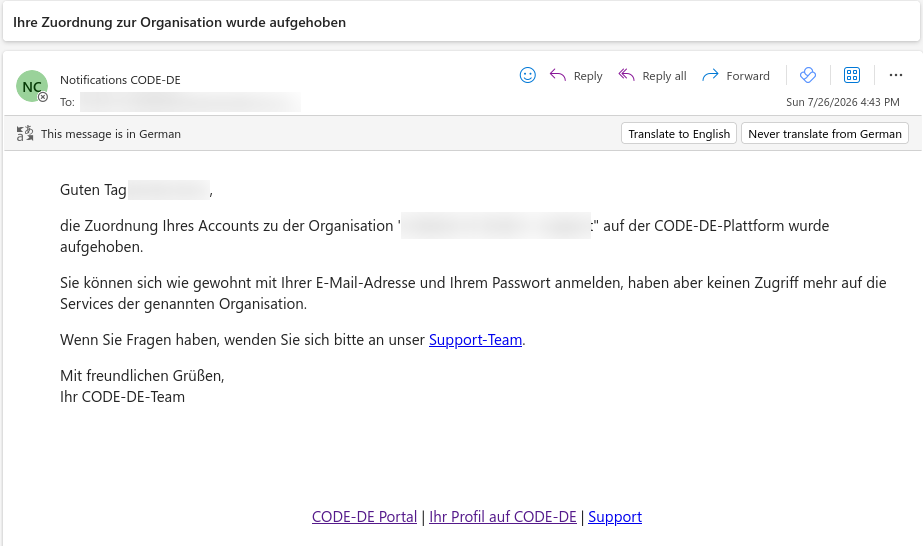 Deutsche E-Mail mit der Bestätigung der Entfernung aus der Organisation