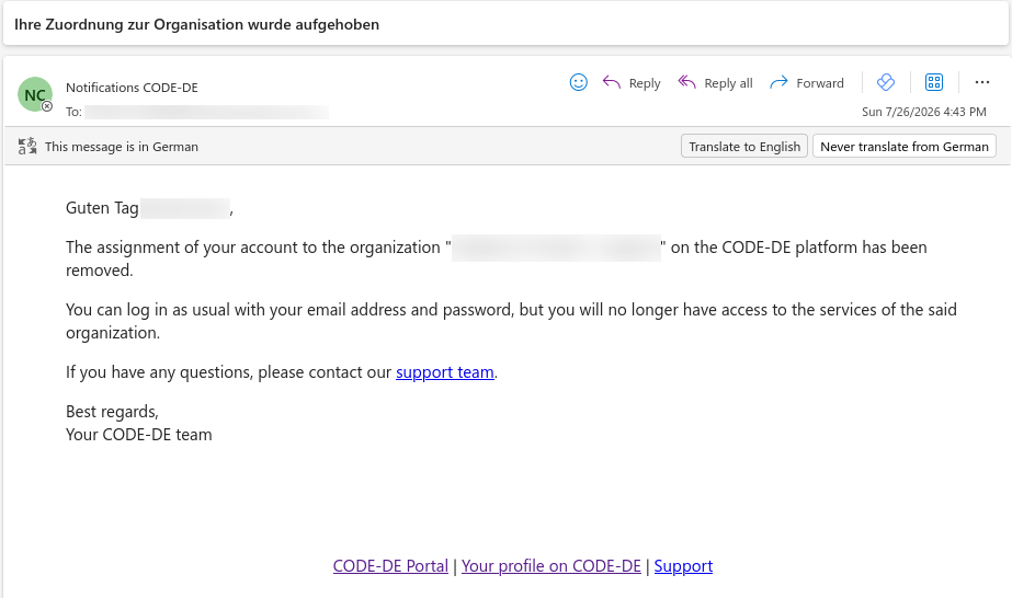 Englische E-Mail mit der Bestätigung der Entfernung aus der Organisation