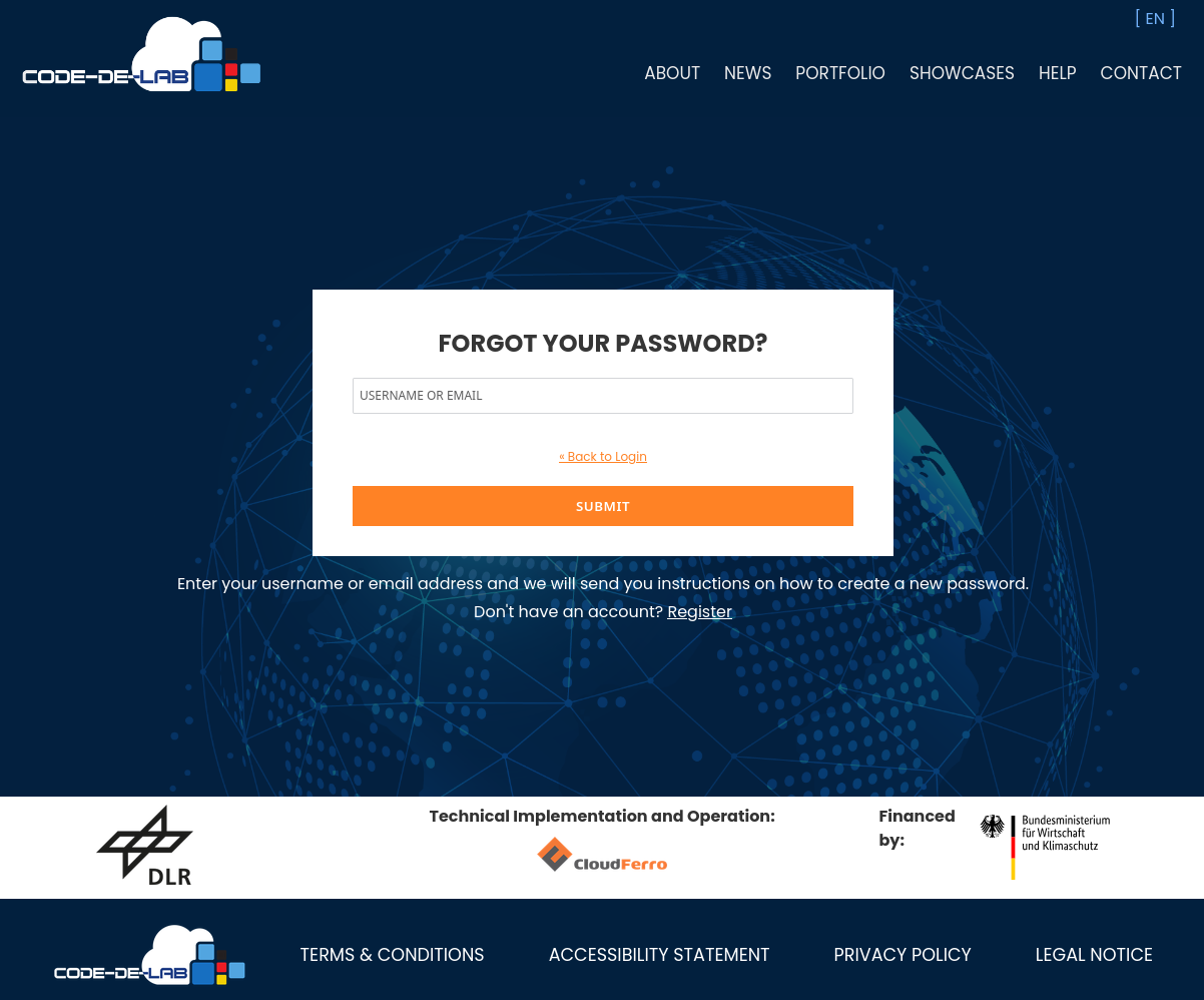 Seite FORGOT YOUR PASSWORD? mit dem Feld für Benutzername oder E-Mail-Adresse