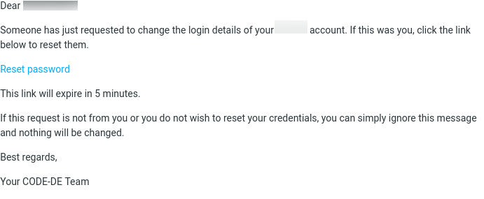 E-Mail zum Zurücksetzen des Passworts mit dem Link Reset password