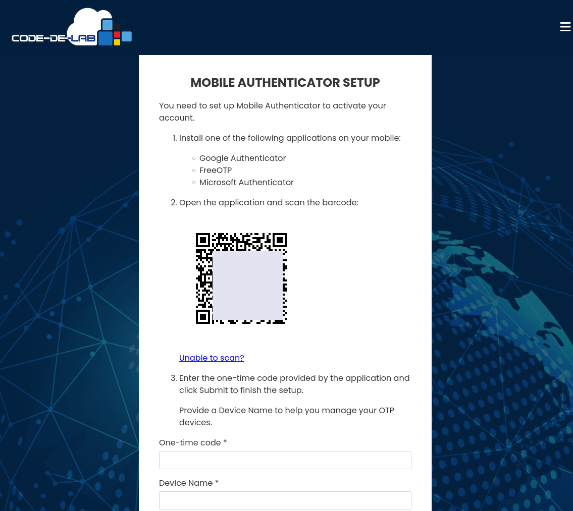 Seite Mobile Authenticator Setup mit einem QR-Code und Feldern für den Einmalcode und den Gerätenamen