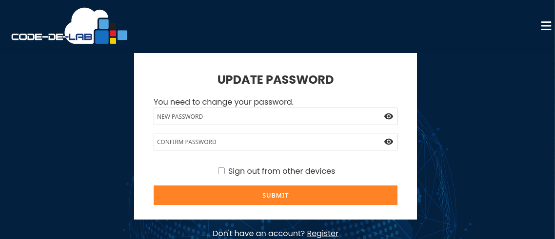 Seite Update Password mit Feldern zur Eingabe und Bestätigung eines neuen Passworts