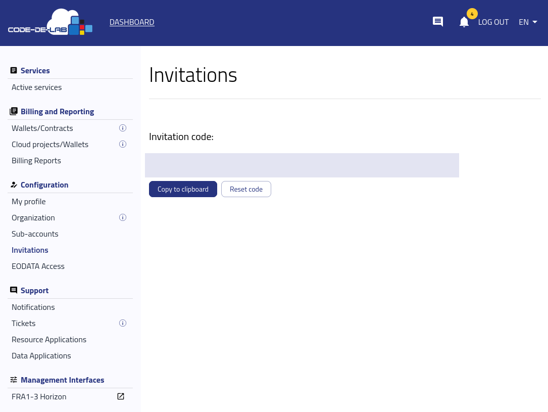 Einladungscode auf der Seite Invitations