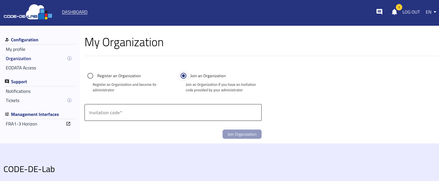 Formular zum Beitritt zu einer Organisation mit einem Einladungscode