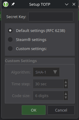 KeePassXC-Dialog Setup TOTP mit dem Feld Secret Key