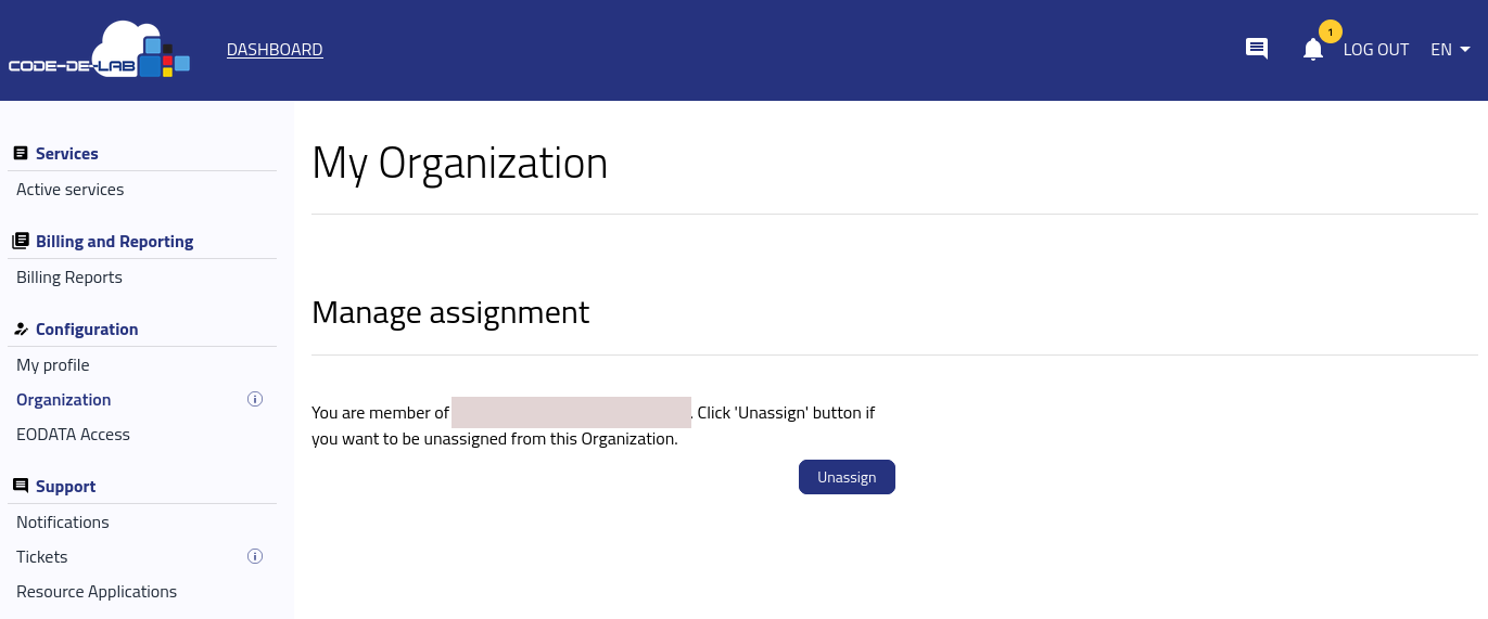 Organisationszuordnung mit der Schaltfläche Unassign