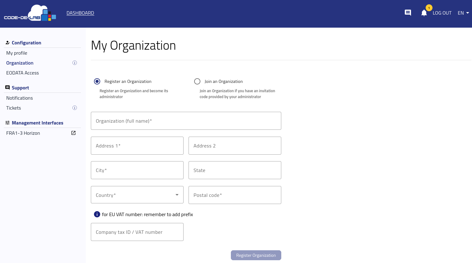 Formular zur Registrierung einer Organisation