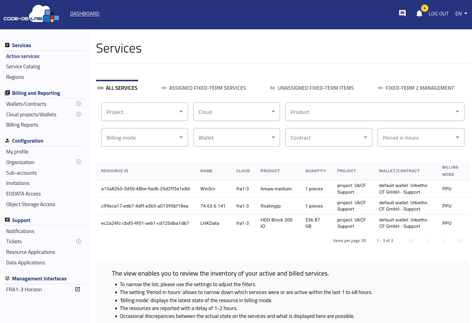 Seite Active services mit Dienstfiltern und Details zur Abrechnungszuordnung