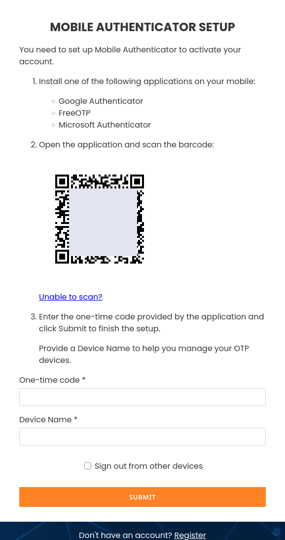 TOTP-Einrichtungsseite mit verdecktem QR-Code