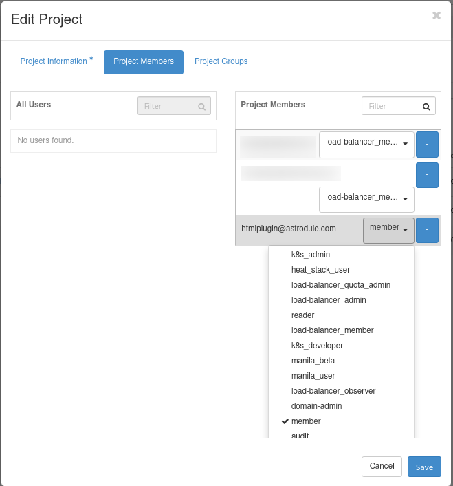 OpenStack-Projektrollenmenü für einen neu hinzugefügten Benutzer