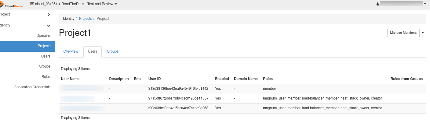 Registerkarte Users eines OpenStack-Projekts mit den zugewiesenen Projektrollen