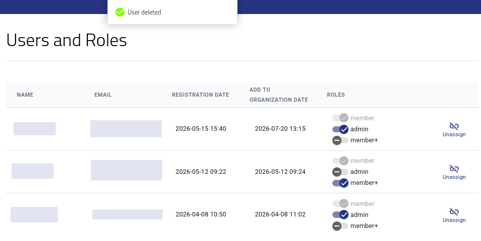 Meldung User deleted und aktualisierte Benutzerliste der Organisation