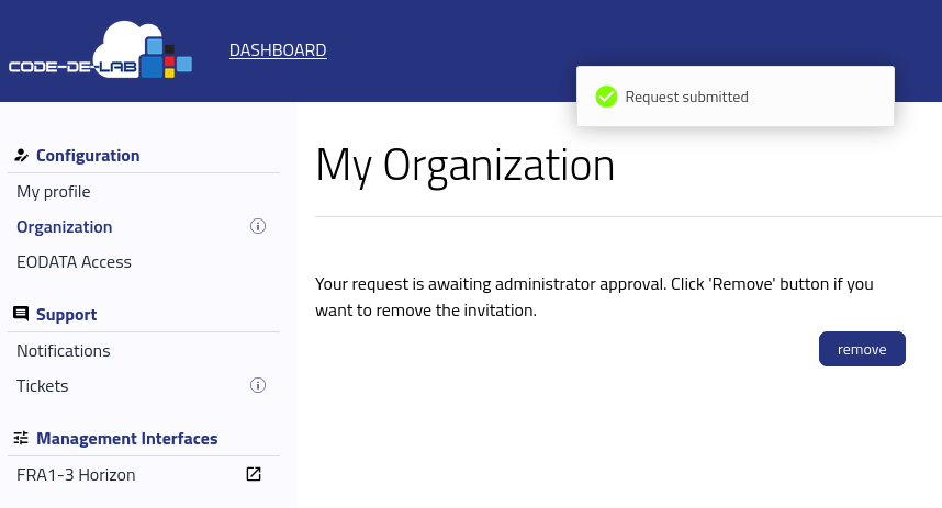 Beitrittsanfrage zur Organisation, die auf die Genehmigung eines Administrators wartet