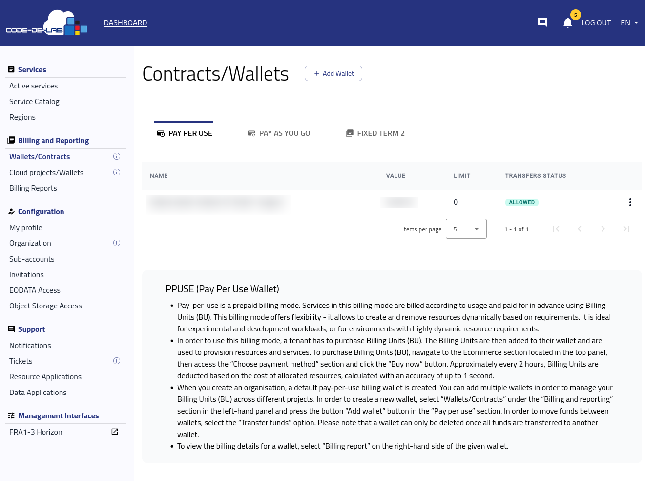 Seite für Wallets und Verträge mit den Registerkarten Pay Per Use, Pay As You Go und Fixed Term 2