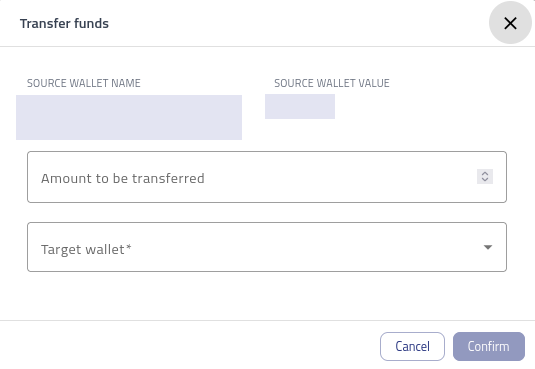 Dialog Transfer funds mit Feldern für Betrag und Ziel-Wallet