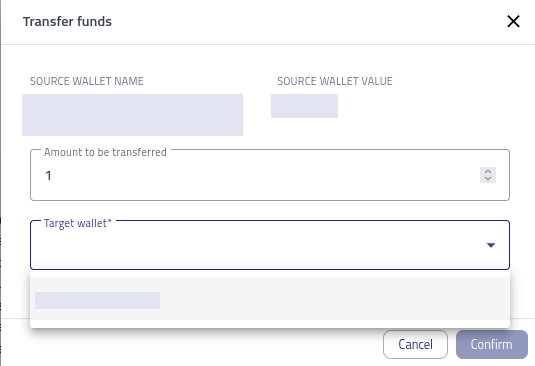 Liste Target wallet im Dialog Transfer funds