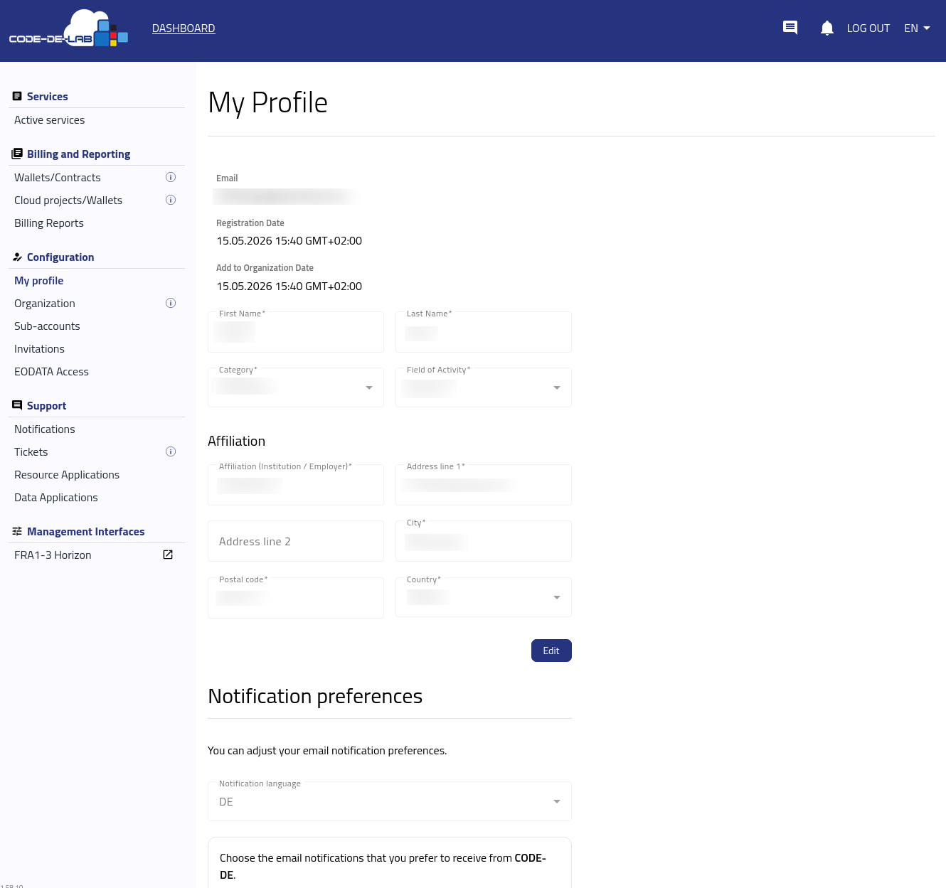 Dashboard mit den für ein Organisationsmitglied verfügbaren Menüs