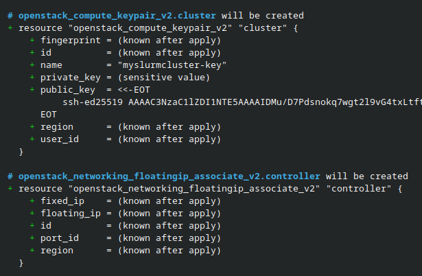 Terraform-Plan mit dem SSH-Schlüsselpaar des Clusters und der Zuordnung der Floating IP zum Controller.