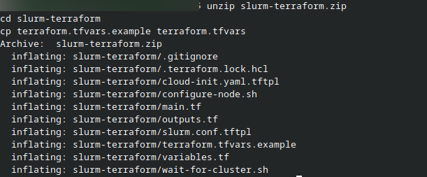 Terminalausgabe mit den aus slurm-terraform.zip entpackten Dateien.