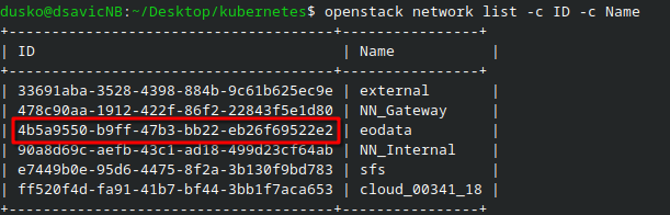 OpenStack-Netzwerkliste mit hervorgehobener ID des eodata-Netzwerks.