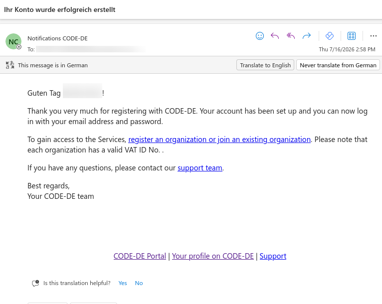 Englische Übersetzung der E-Mail zur Kontobestätigung