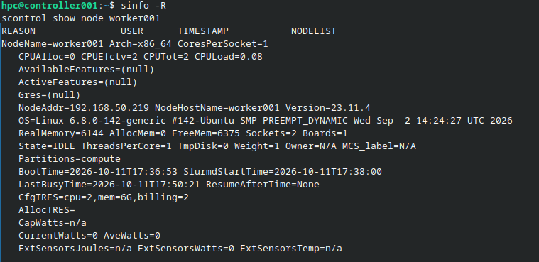 SLURM-Details für worker001 mit dem Status IDLE, zwei CPUs und 6144 MiB konfiguriertem Arbeitsspeicher.