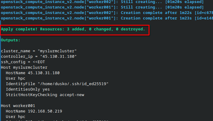 Successful Terraform apply output showing the controller IP address and SSH configuration.