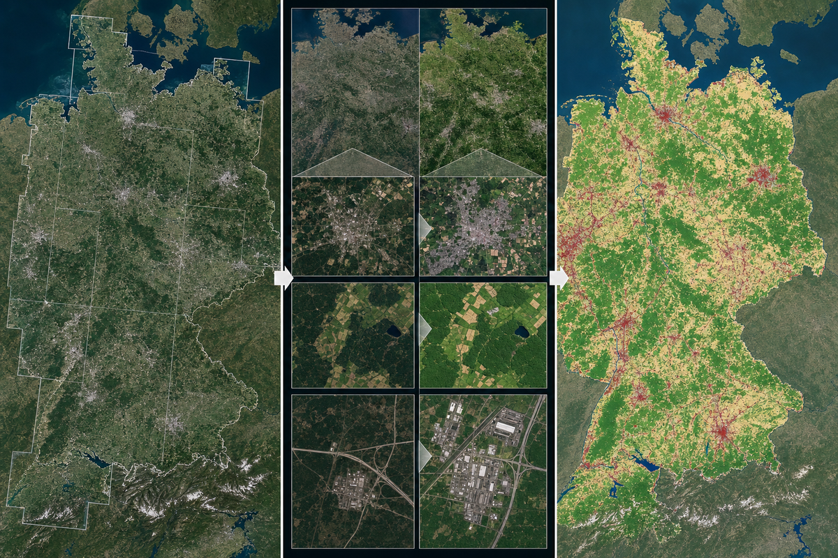 Illustrative BKG workflows for Germany-wide mosaics, change detection, and land-cover mapping