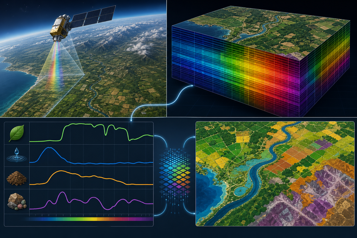 Illustrative EnMAP workflow from hyperspectral acquisition to spectral analysis and classification