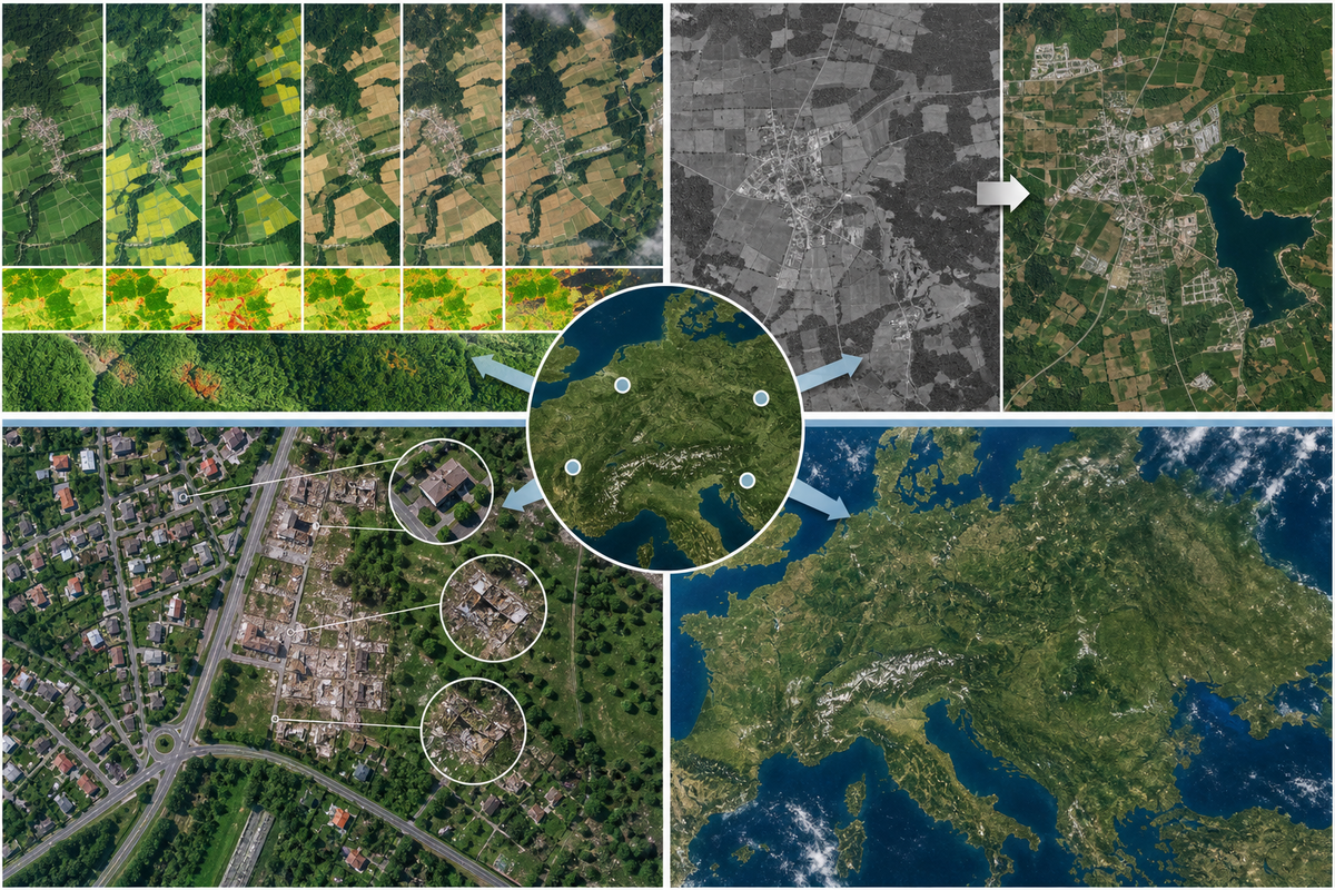 Illustrative RESA workflows for monitoring, change detection, detailed site inspection, and regional mosaics