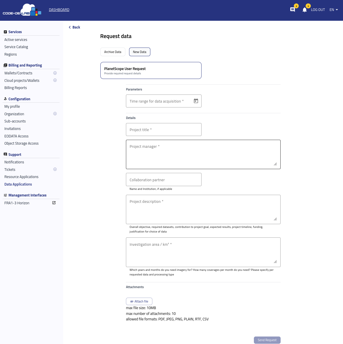 PlanetScope User Request parameters and project details