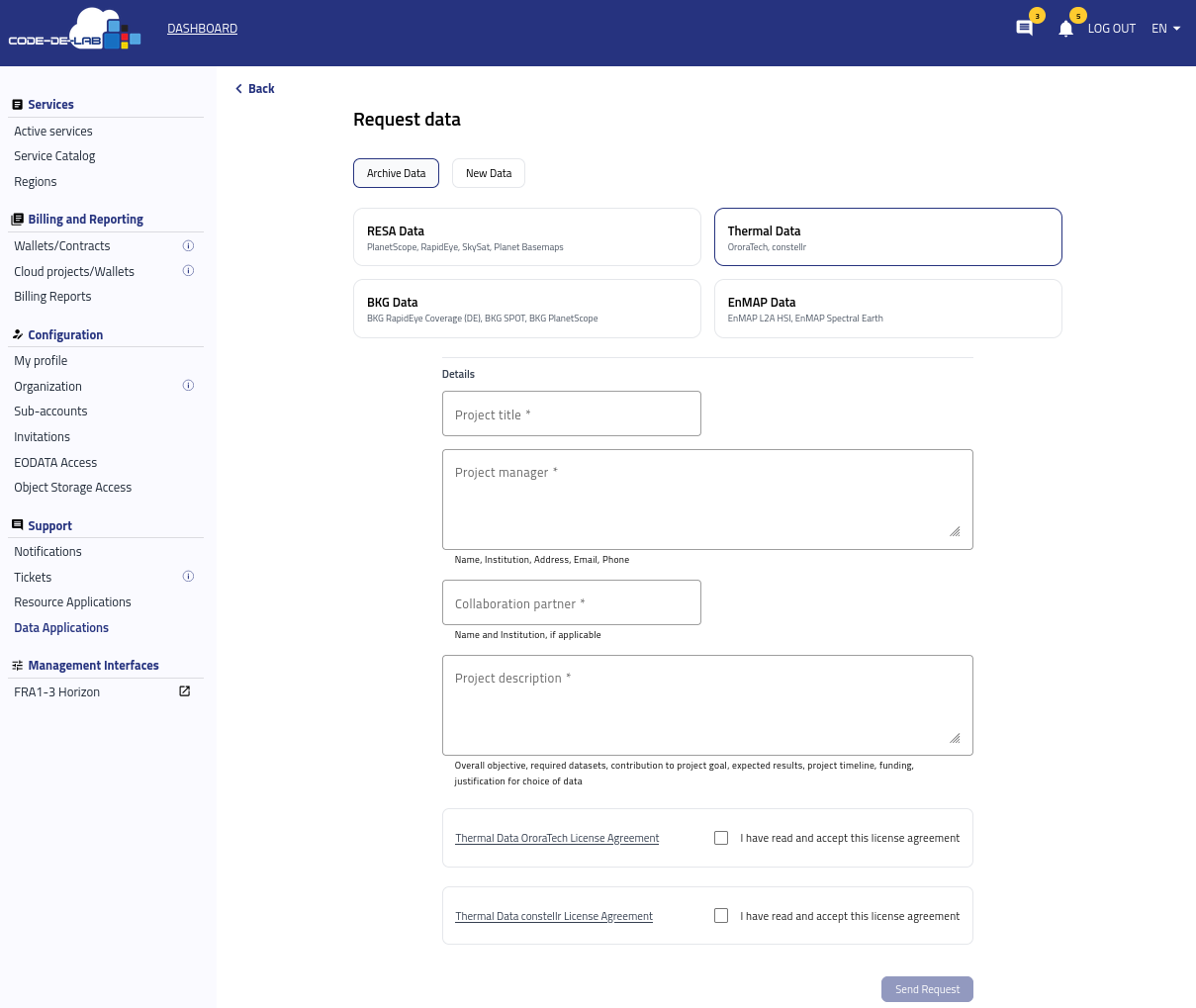 Thermal Data request fields and provider license agreements