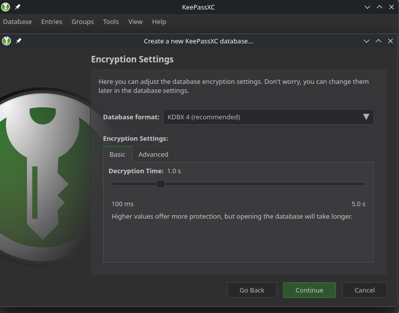 KeePassXC Encryption Settings screen