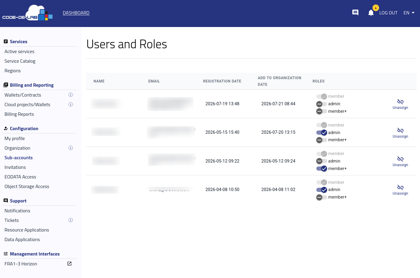 CODE-DE-Lab Users and Roles page with admin and member+ role controls