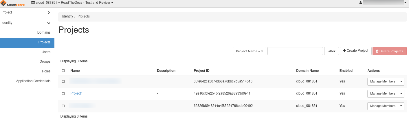 OpenStack Projects page with Manage Members actions