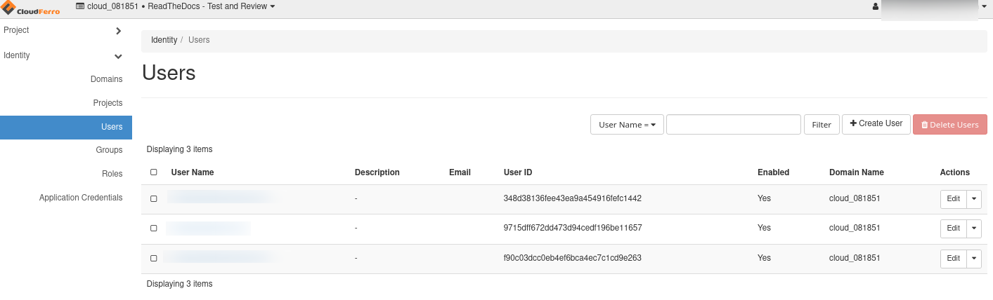 OpenStack Users page listing three users