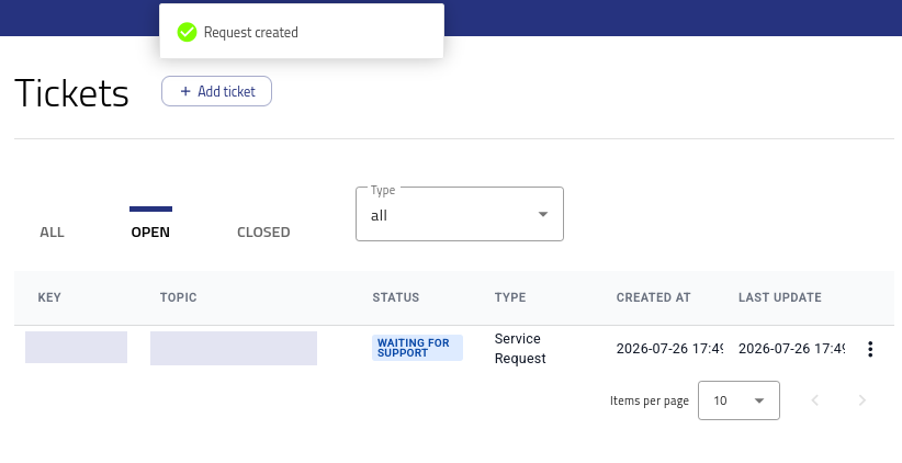 Request created notification and new ticket in the Open tab