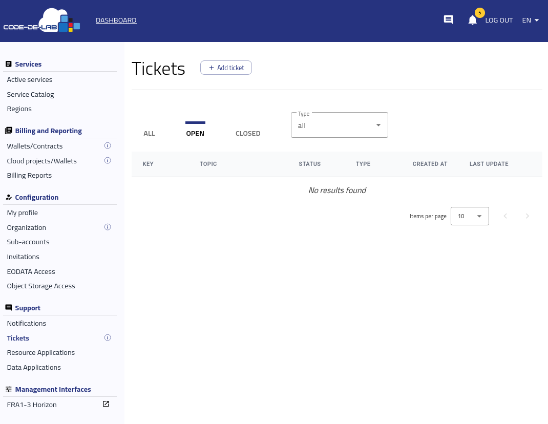 Tickets page in the Support section of the Dashboard