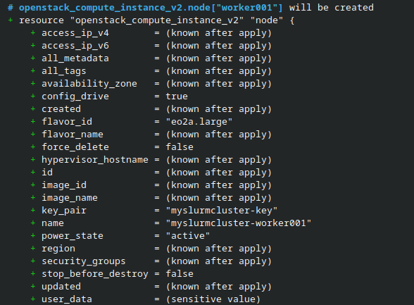 Terraform plan showing the worker001 instance with the eo2a.large flavor.