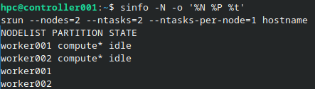 SLURM lists worker001 and worker002 as idle, and srun prints both worker hostnames.