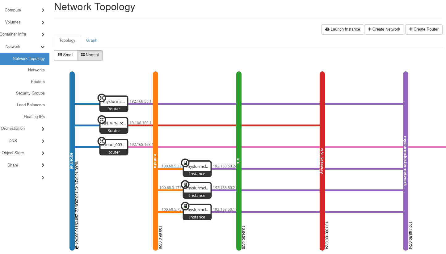 Horizon network topology showing the SLURM nodes connected to the cluster network and EODATA, with the cluster router connected to the external network.