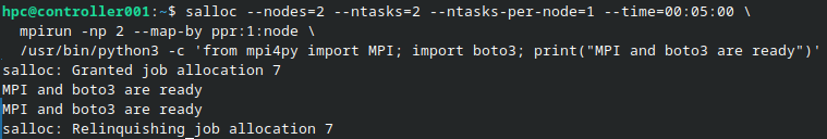 A two-node SLURM allocation runs mpirun and prints MPI and boto3 are ready twice.