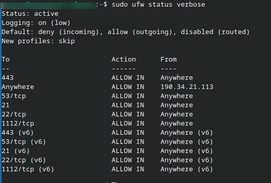 UFW status output showing allowed and denied rules